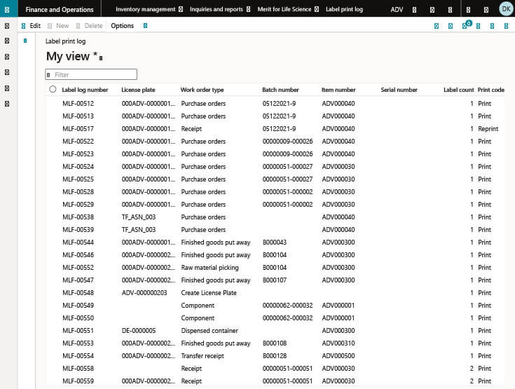Label print log -- Finance and Operations